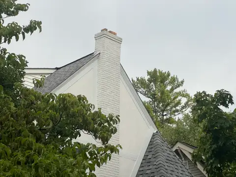 Green leaves and a sturdy chimney under a soft sky.